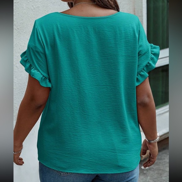 Plus Teal Solid Ruffle Petal Short Sleeve Top - Picture 15 of 15